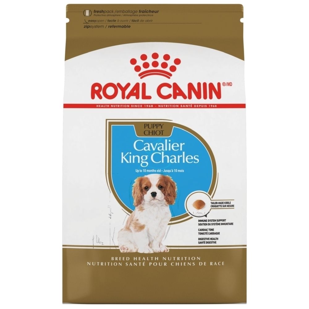 Avant du sac de nourriture Royal Canin Cavalier King Charles Puppy 1,5 kg avec informations produit en français.