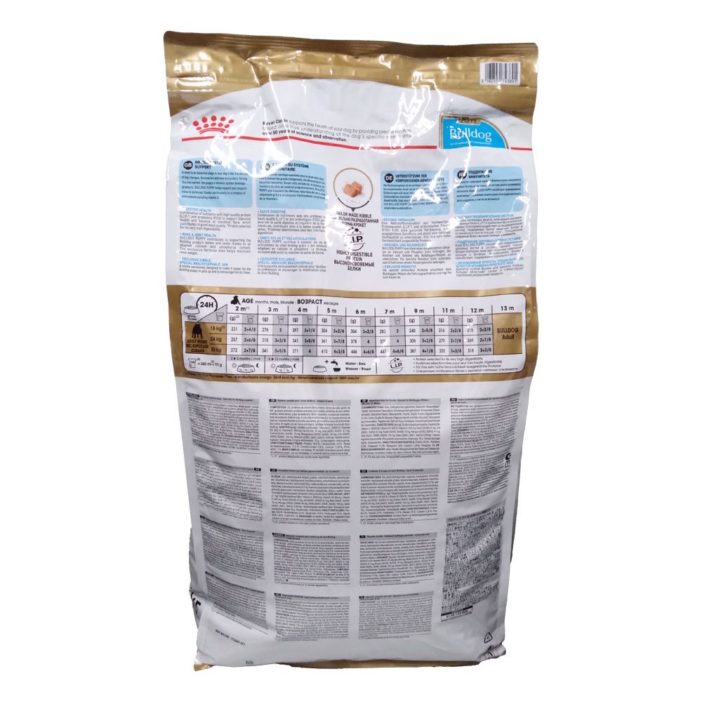 Arrière d'un sac de nourriture pour chien de 12 kg. Contient des informations nutritionnelles et des recommandations d'alimentation.
