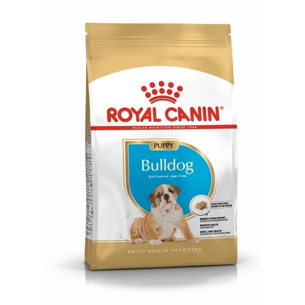 Avant d'un sac de nourriture Royal Canin pour chiots Bulldog avec image d'un chiot et informations produit.