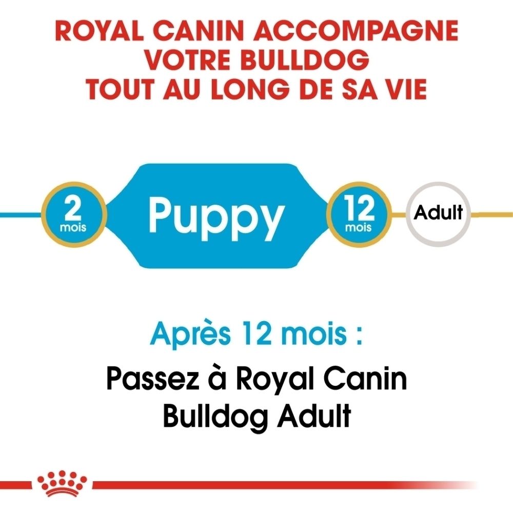Avant d'un sac de nourriture Royal Canin pour chiots Bulldog avec image d'un chiot et informations produit.