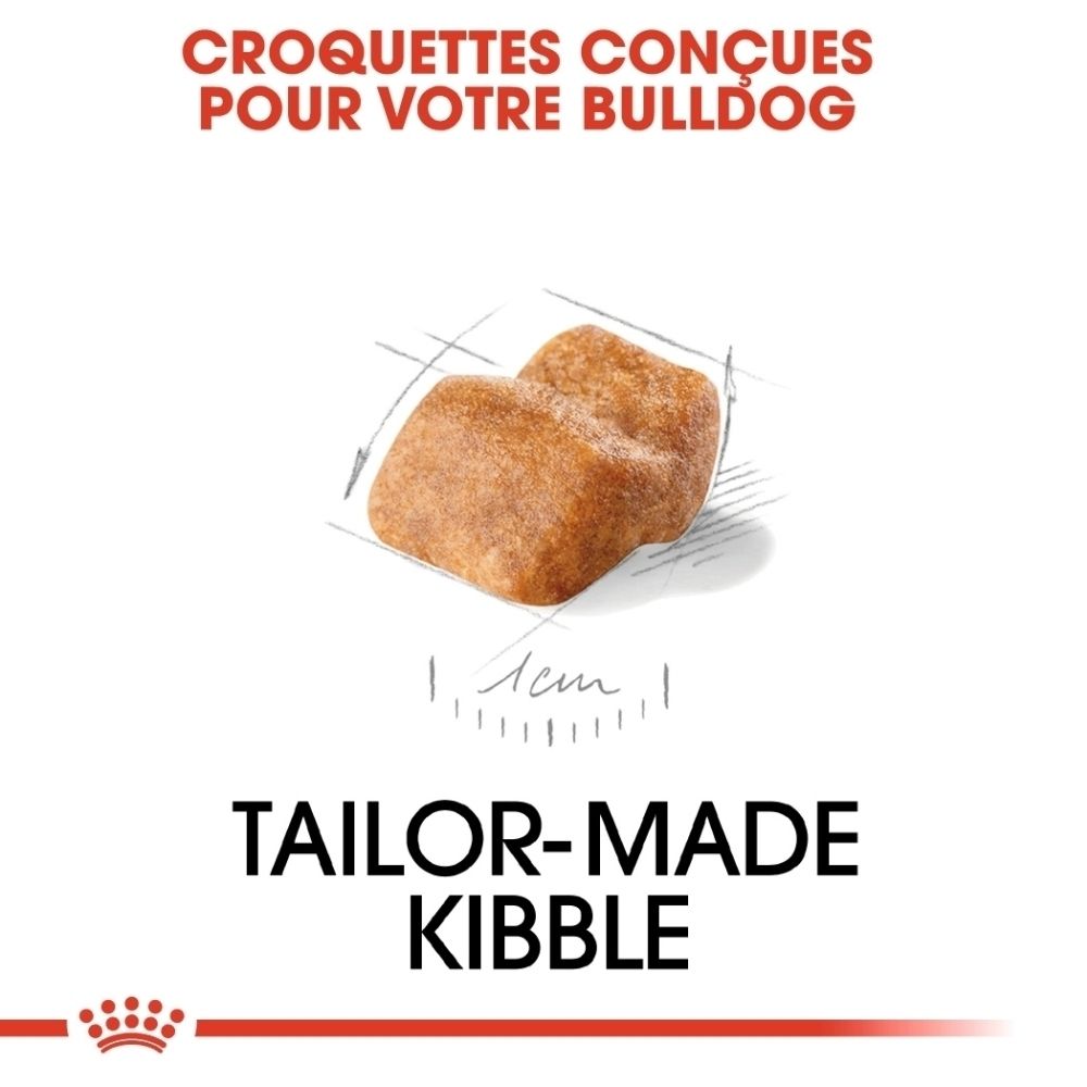 Avant d'un sac de nourriture Royal Canin pour chiots Bulldog avec image d'un chiot et informations produit.