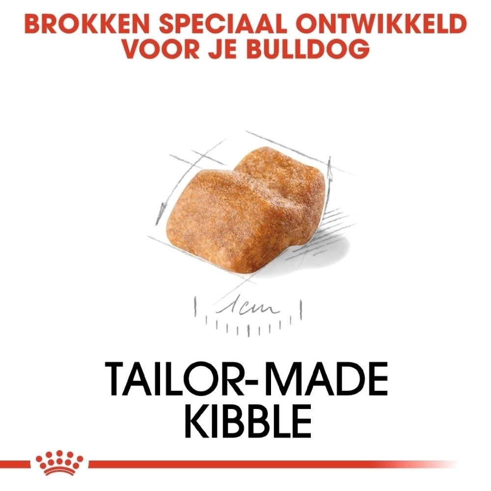 Voorkant van een Royal Canin Bulldog puppyvoer zak met een afbeelding van een puppy en productinformatie.