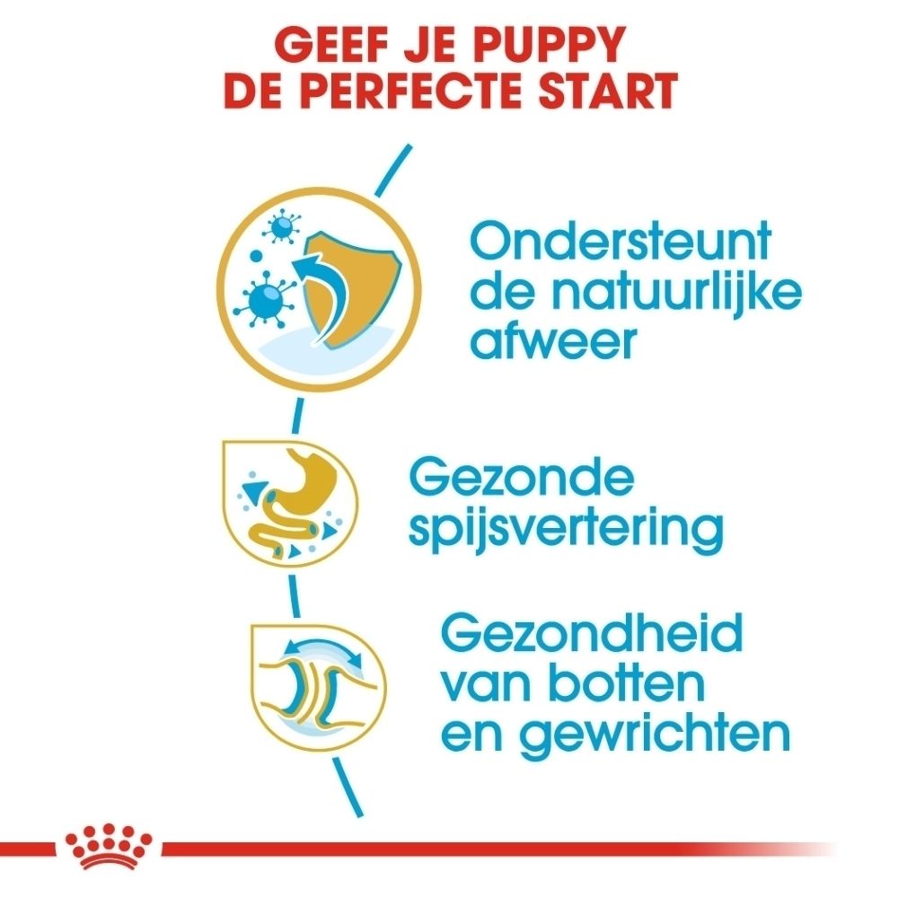 Voorkant van een Royal Canin Bulldog puppyvoer zak met een afbeelding van een puppy en productinformatie.
