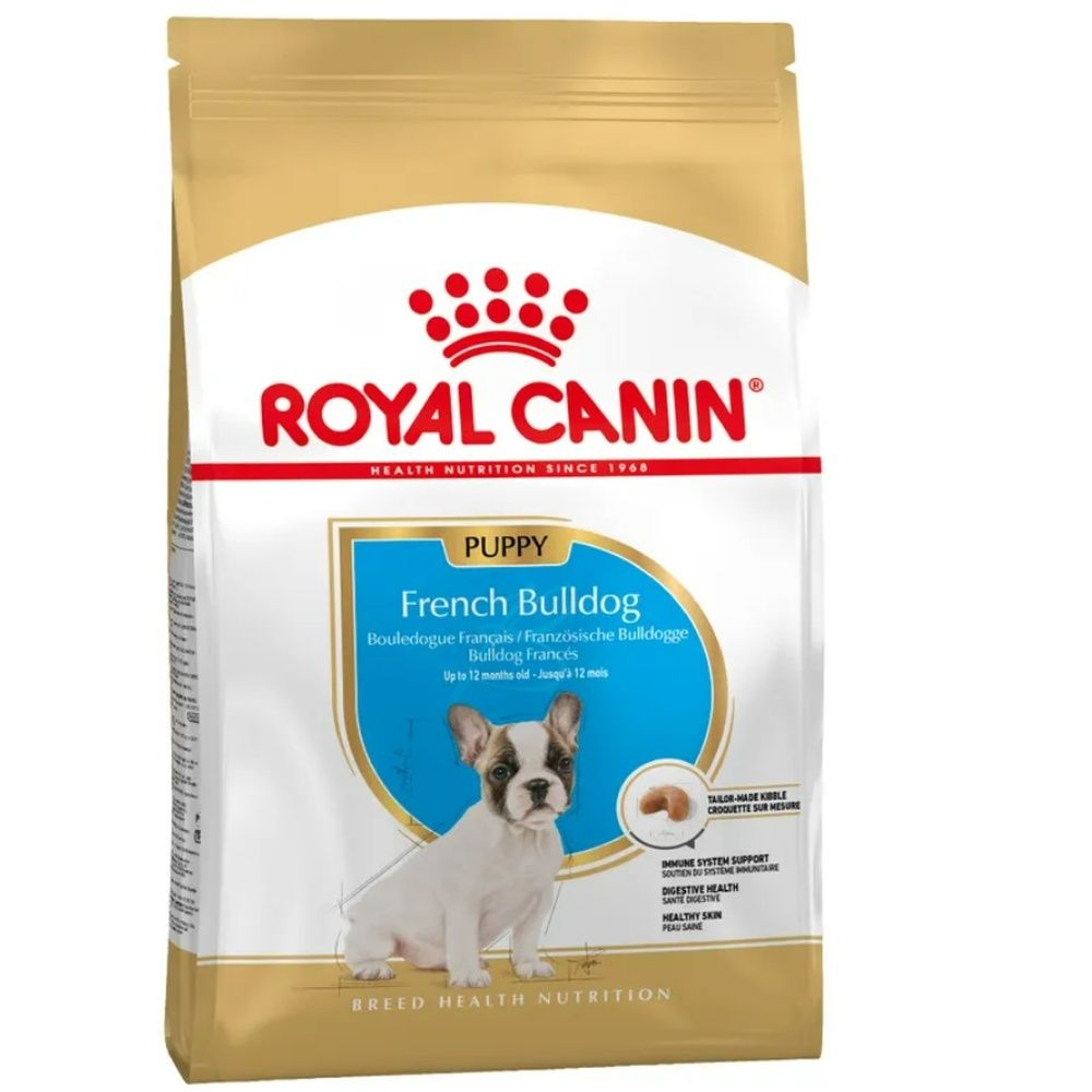 Sacs de nourriture pour chiots Royal Canin French Bulldog, 10 kg, avec image de chiot et informations sur le produit.