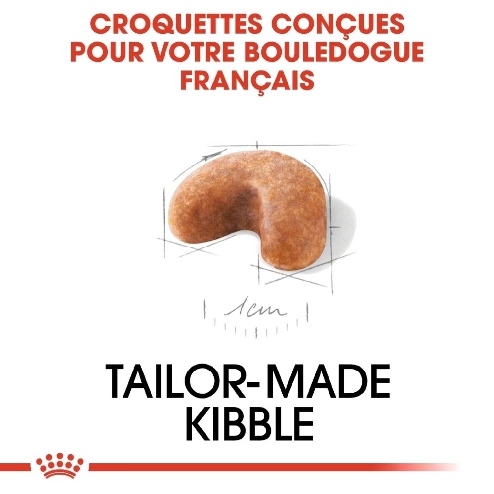 Nourriture Royal Canin French Bulldog Puppy. Montre une croquette sur mesure avec indication de taille.