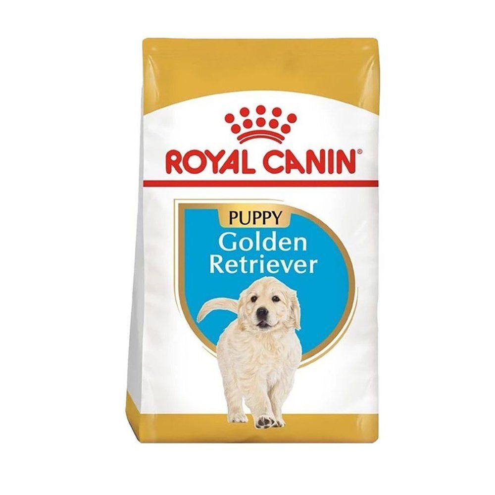 Paquet de Royal Canin® Puppy Golden Retriever. Sac blanc et jaune avec logo et image de chiot. Texte : Puppy Golden Retriever.