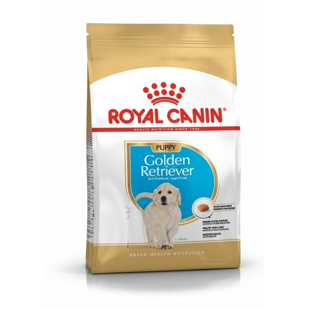 Sac de nourriture Royal Canin Golden Retriever Puppy avec image d'un chiot et caractéristiques du produit.