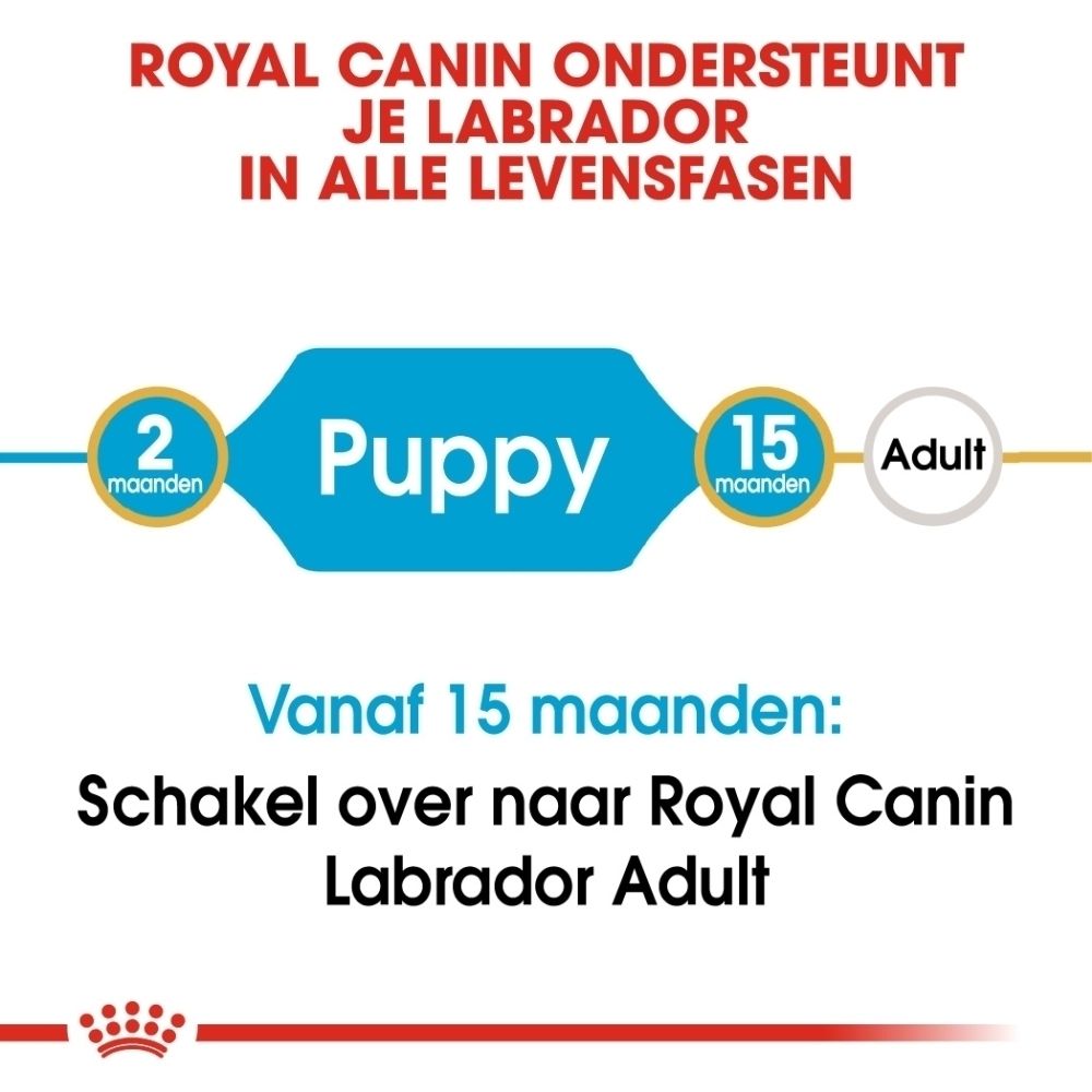 Verpakking met Labrador puppy en productinformatie.