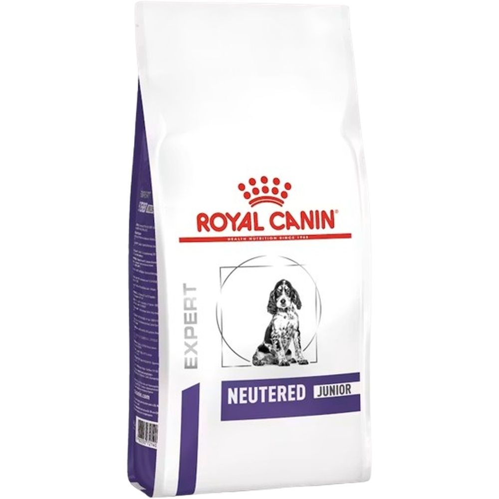 Sac de 10 kg de nourriture Royal Canin Expert Neutered Junior pour chien. Face avant avec illustration de chiot.