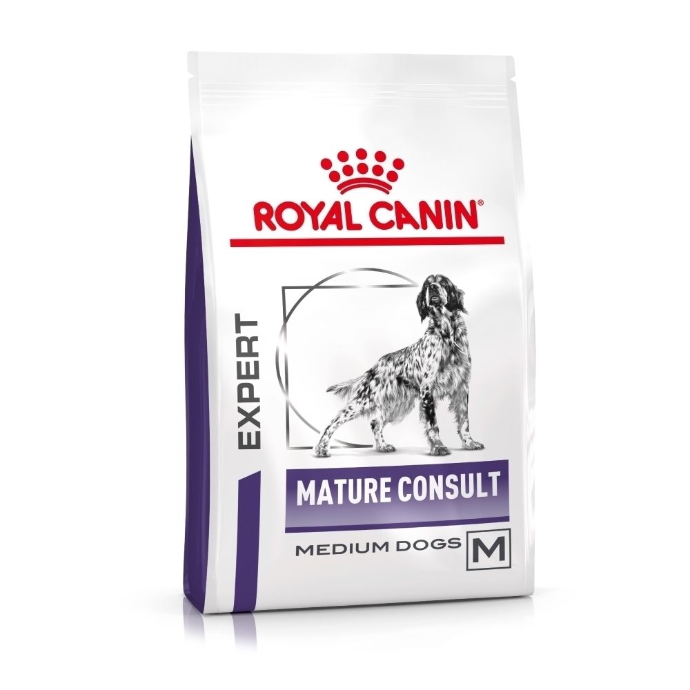 Voorkant van de zak Royal Canin VET-D Mature Consult Medium Dog met hondenafbeelding.