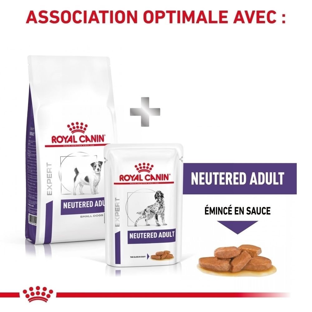 Nourriture pour chien Royal Canin : sac de croquettes et sachet de pâtée pour chiens adultes stérilisés, avec morceaux en sauce.