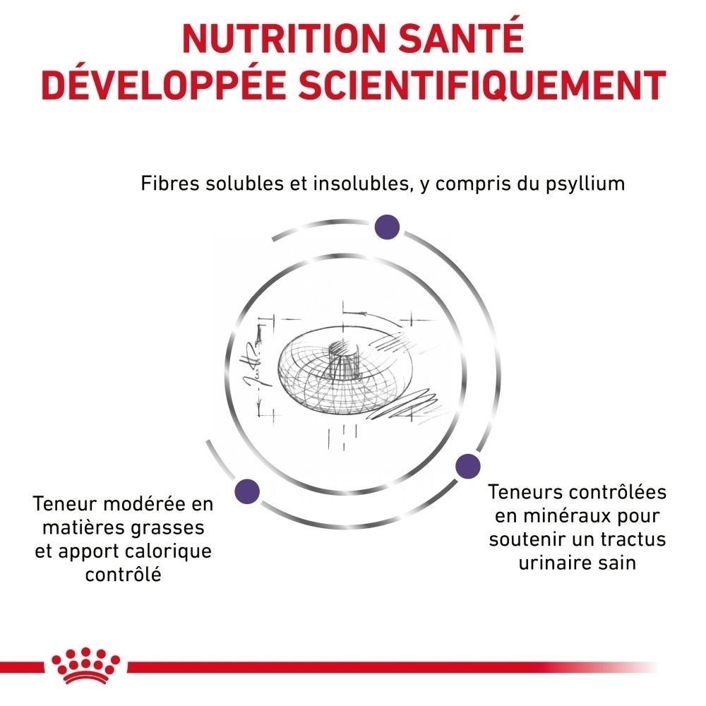 Graphique avec texte : Nutrition santé développée scientifiquement. Contient fibres solubles et insolubles, matières grasses modérées, calories contrôlées, minéraux contrôlés pour les voies urinaires.
