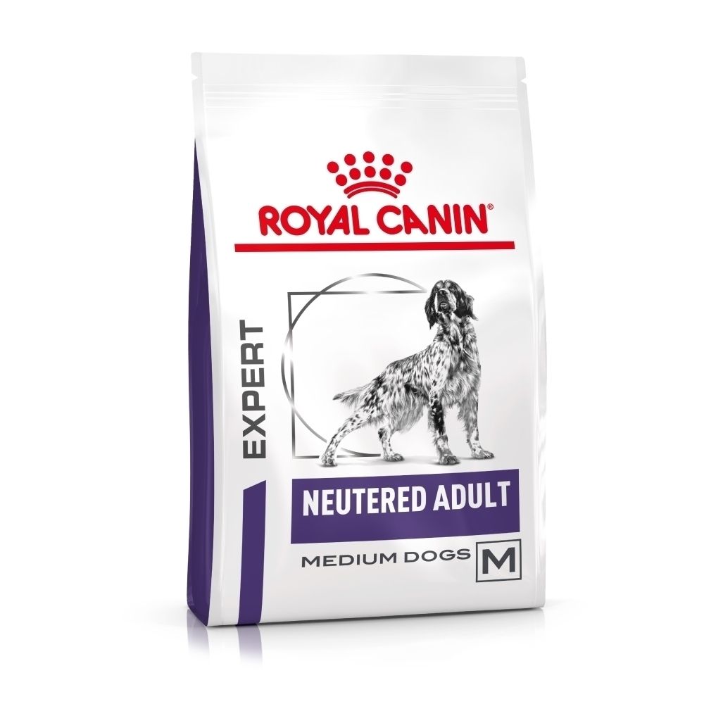 3.5 kg zak Royal Canin Neutered Adult Medium Dogs droogvoer, met hondenafbeelding.