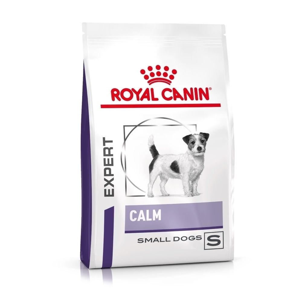 Voorkant van een 4 kg Royal Canin Calm Small Dogs voerzak, met hondafbeelding en maat S.
