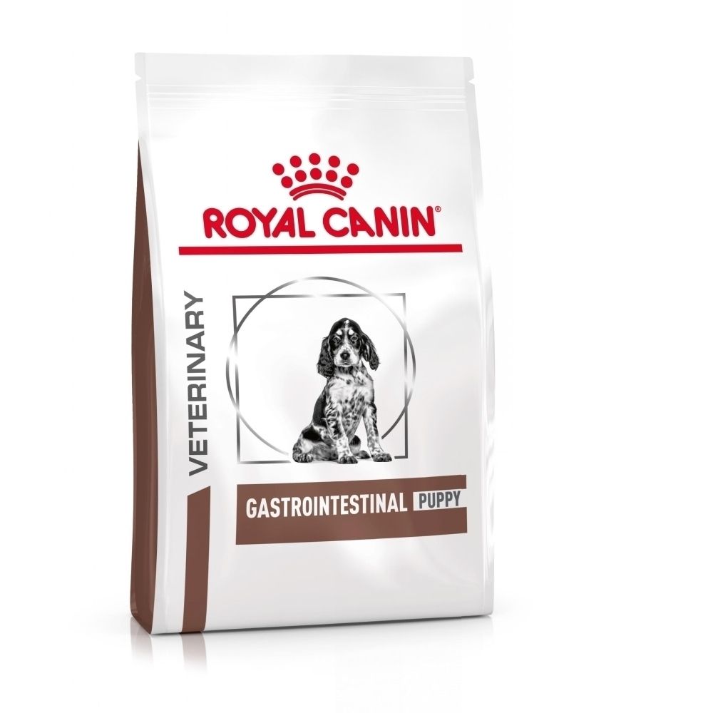 Royal Canin Veterinary Gastrointestinal Puppy hondenvoer verpakking met puppy afbeelding.