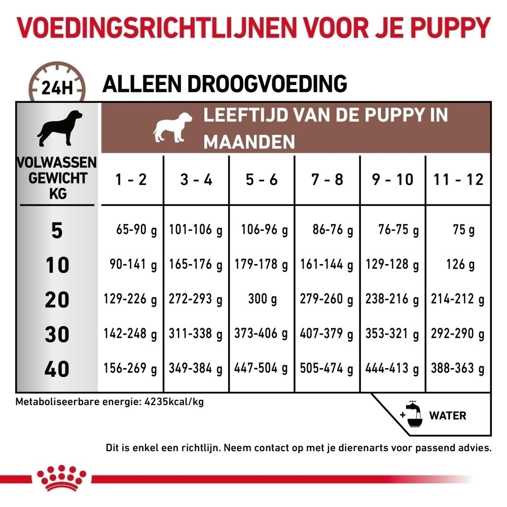 Voedingstabel voor puppy's: gewicht, leeftijd in maanden en dagelijkse voerhoeveelheid in grammen. Bevat calorie-informatie.