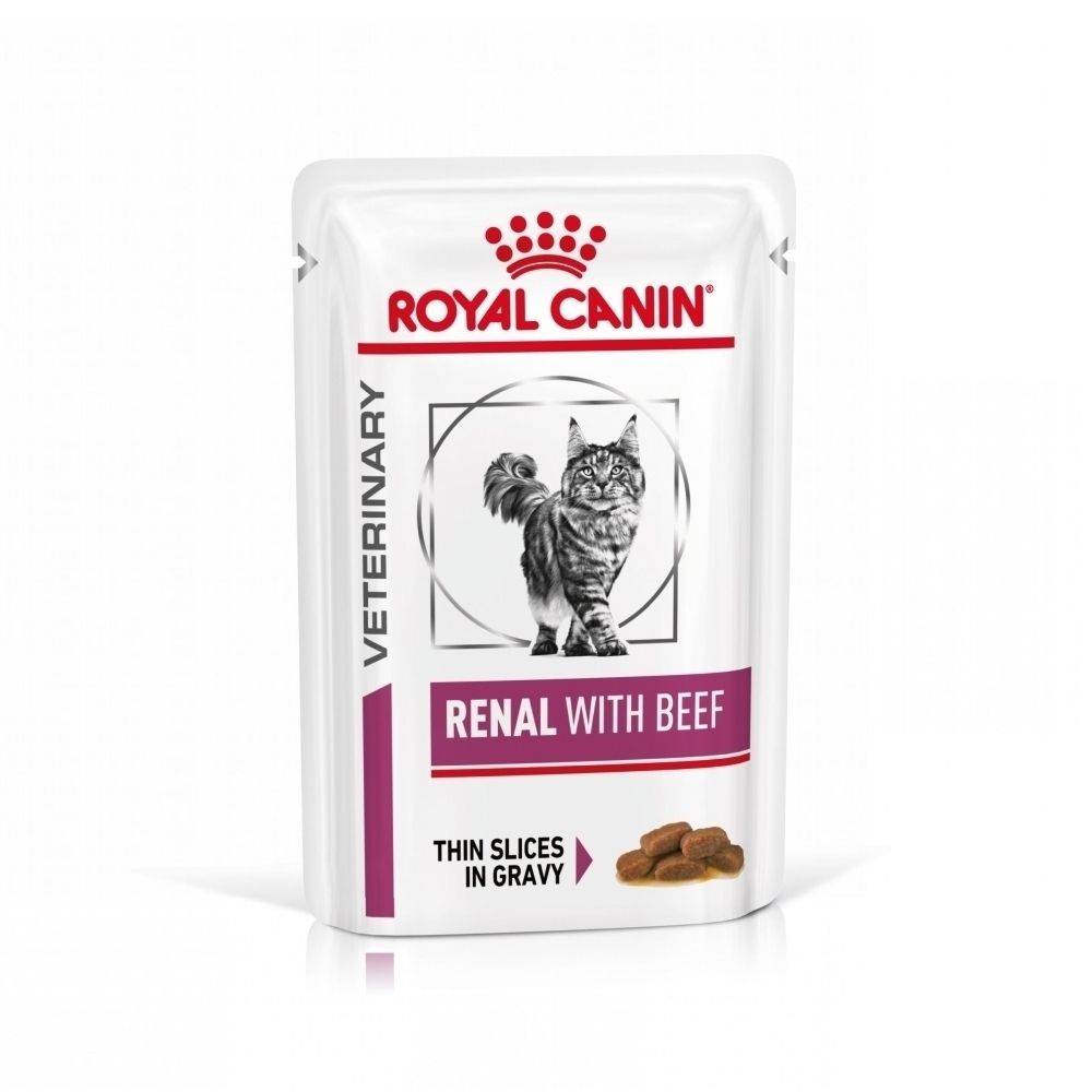 ROYAL CANIN VETERINARY RENAL WITH BEEF Sachet individuel avec image produit et description.