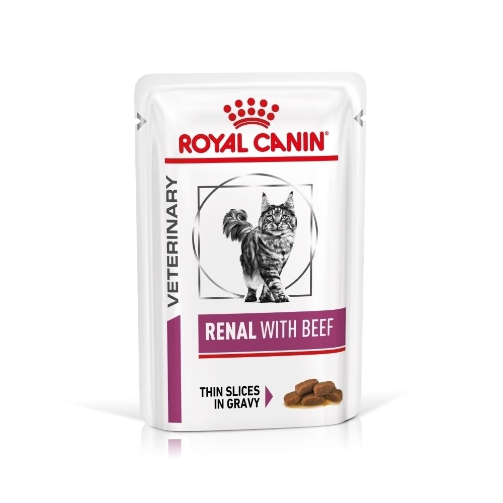 ROYAL CANIN VETERINARY RENAL WITH BEEF Enkel zakje met productafbeelding en beschrijving.
