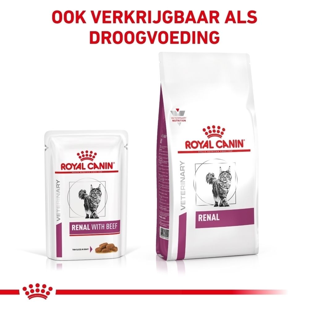ROYAL CANIN VETERINARY RENAL WITH BEEF Productvoordelen: Nierondersteuning, aangepaste energie, aantrekkelijk aroma.