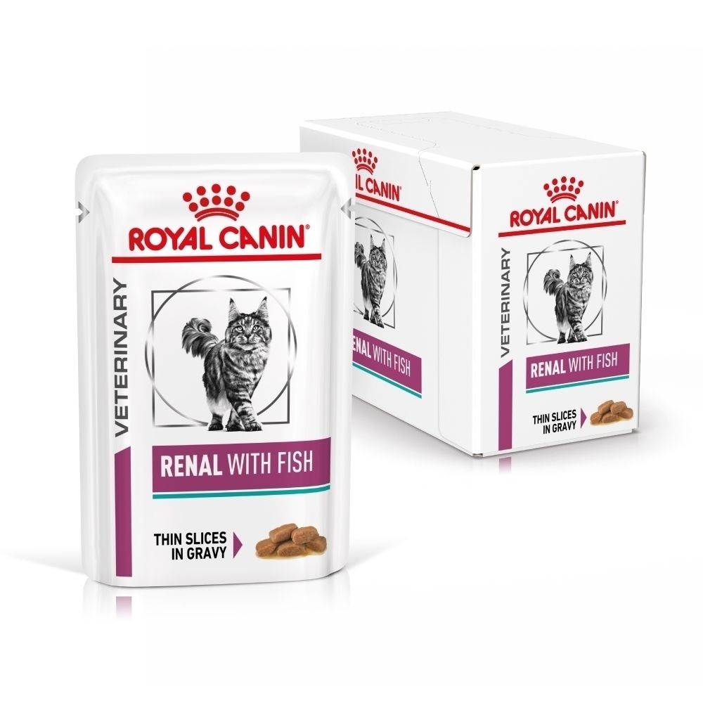 Twee zakjes Royal Canin Renal met vis en een doos.
