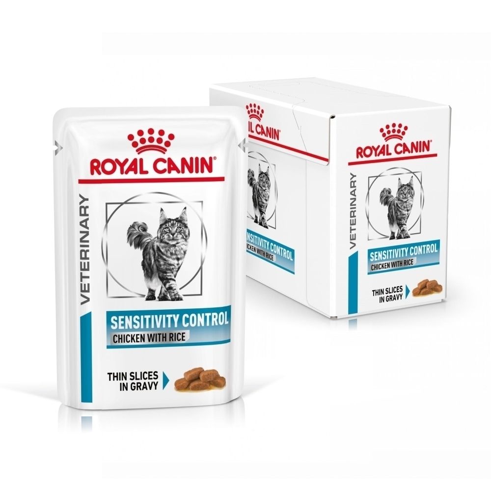 Royal Canin Veterinary Sensitivity Control kattenvoer, kip met rijst, dunne plakjes in saus. Zakje en doos.