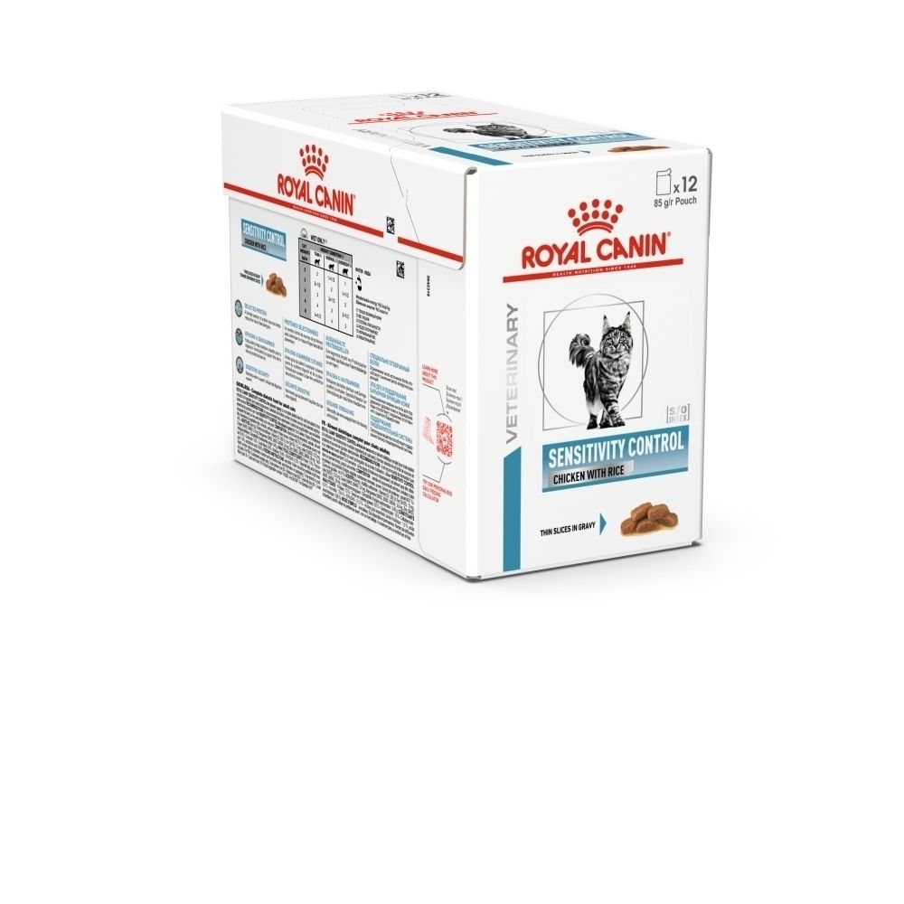 Royal Canin Veterinary Sensitivity Control kattenvoerdoos met 12 zakjes.