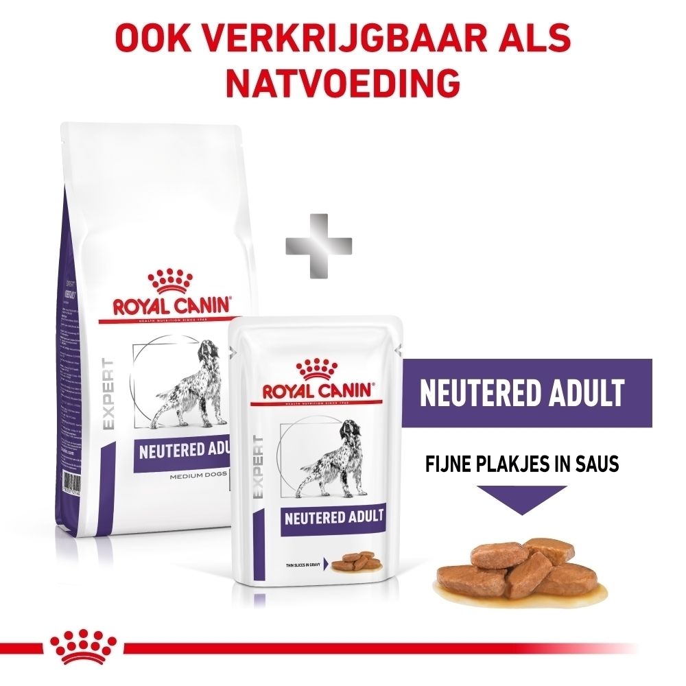 Royal Canin hondenvoerzak en bakje met natvoer, naast een pakje natvoer.