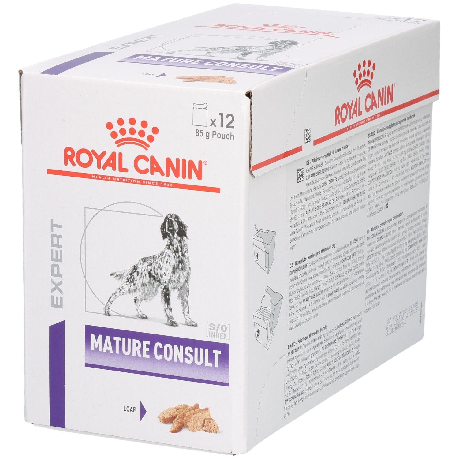 Royal Canin Mature Consult Loaf hondenvoerdoos, 12x85g zakjes. Voorkant met hondenafbeelding en productnaam.