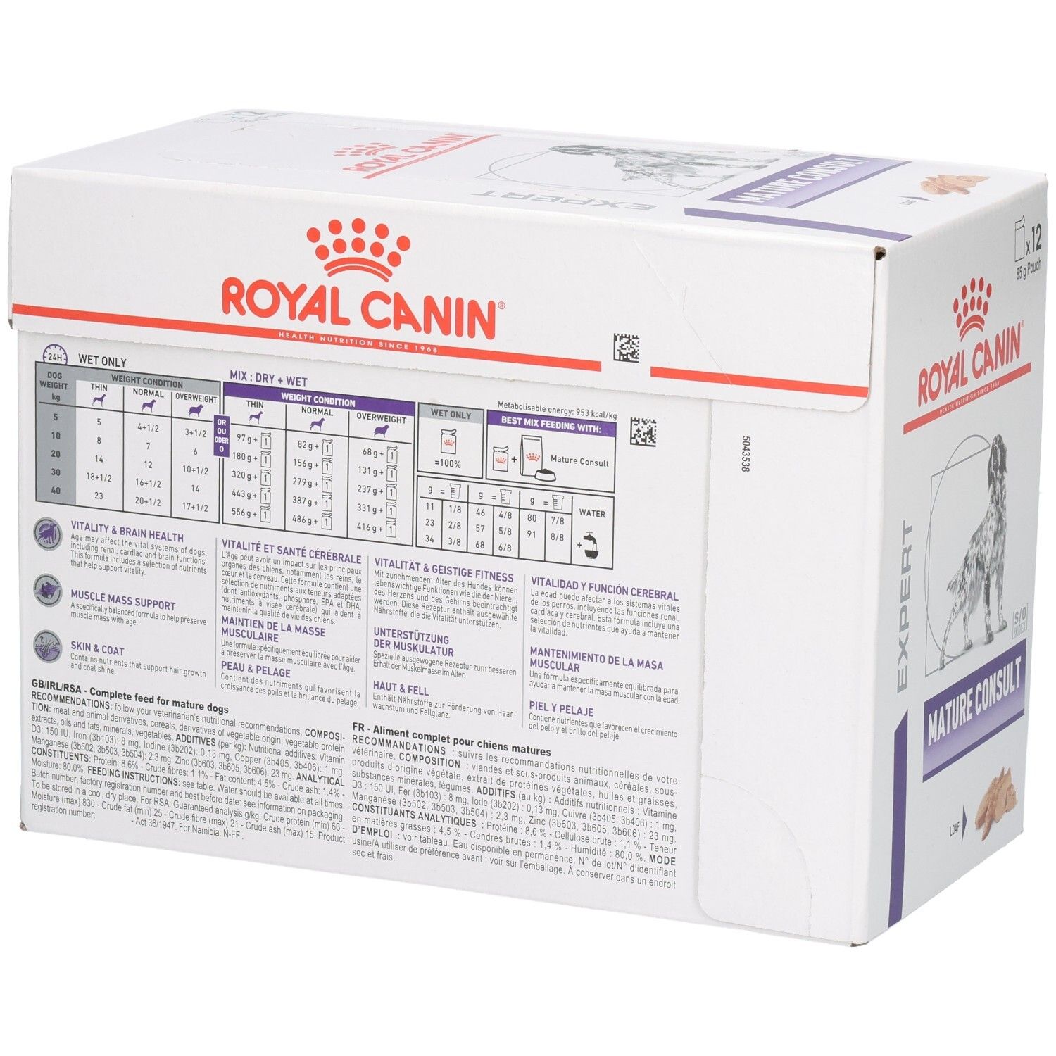 Royal Canin Mature Consult Loaf hondenvoerdoos, achterkant met voedingstabellen en productinformatie.
