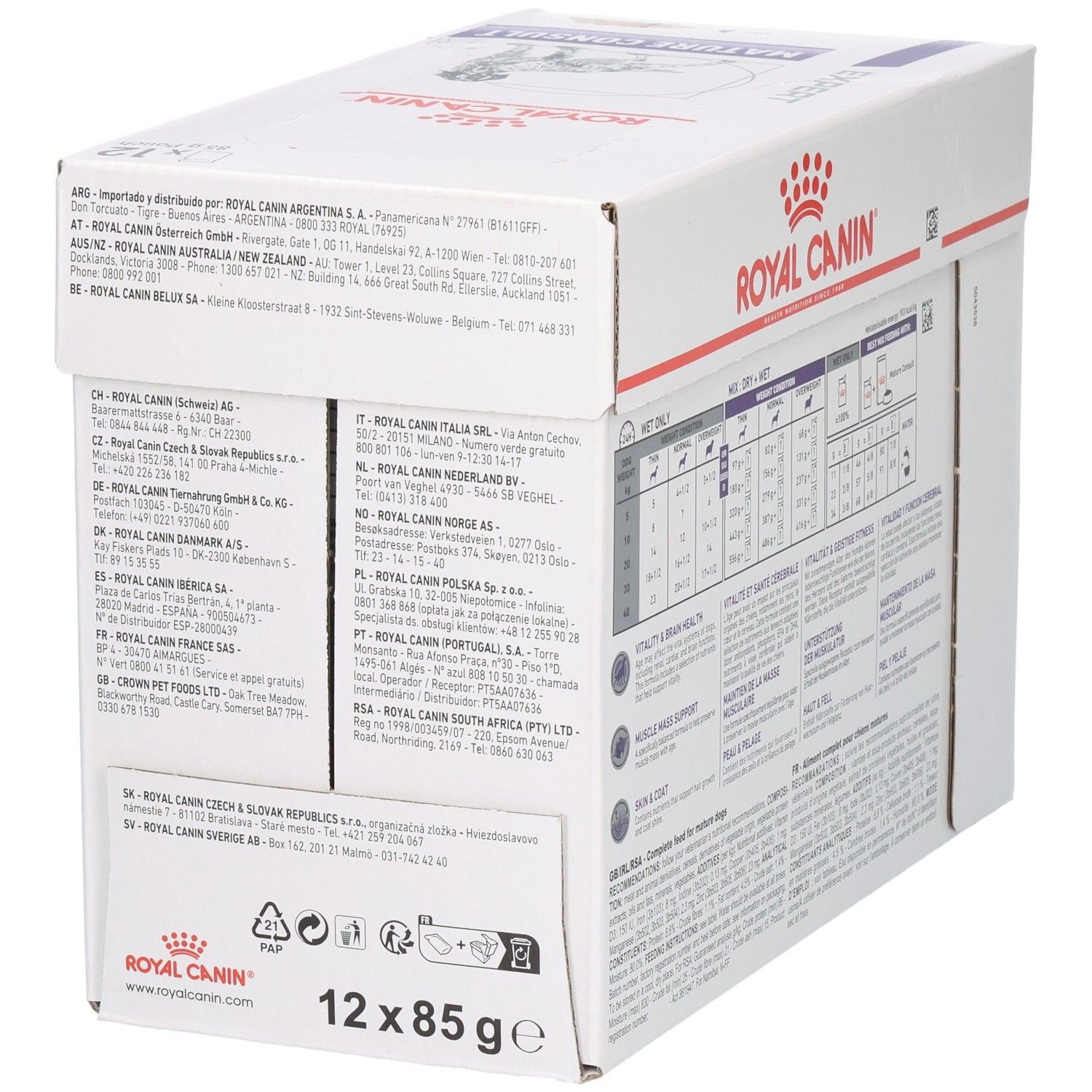 Royal Canin Mature Consult Loaf hondenvoerdoos, zijkant met distributeursinformatie en meertalige productaanduidingen.