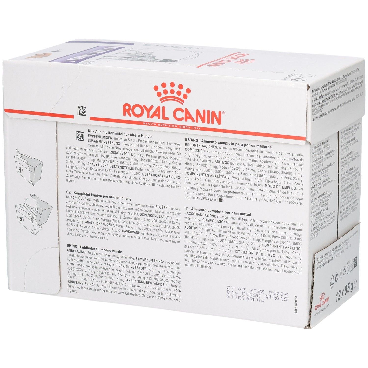 Royal Canin Mature Consult Loaf hondenvoerdoos, zijkant met productbeschrijvingen in diverse talen en houdbaarheidsdatum.
