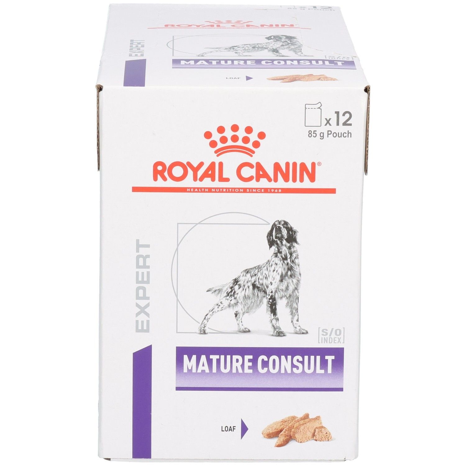 Royal Canin Mature Consult Loaf hondenvoerdoos, voorkant met hondenafbeelding, productnaam en aanduiding 12x85g zakjes.