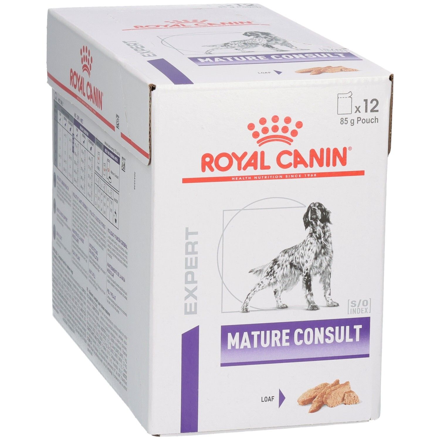 Royal Canin Mature Consult Loaf hondenvoerdoos, schuine vooraanzicht van links met hondenafbeelding en productnaam.