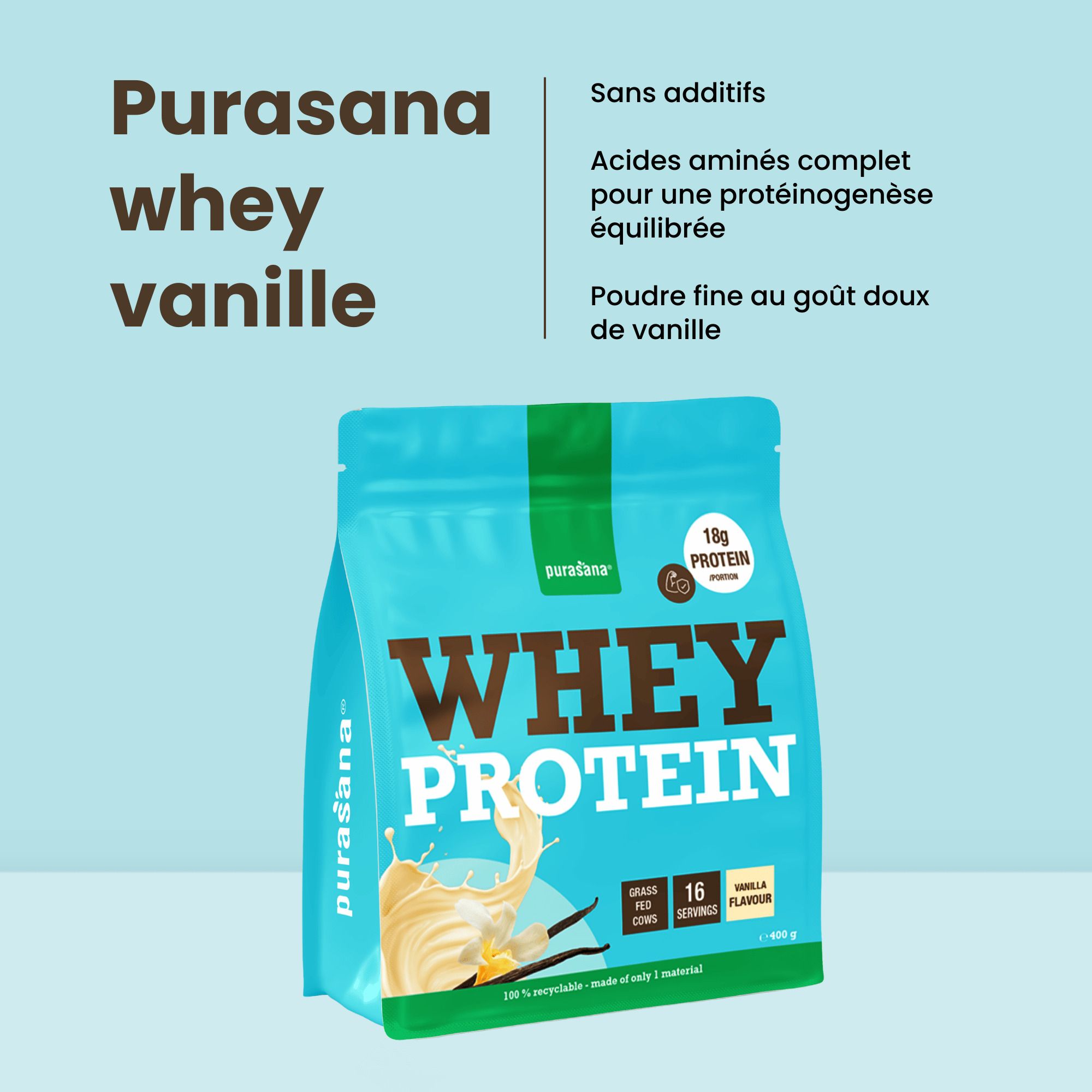 Sachet Purasana Whey Protein Vanille bleu clair avec avantages produit et indications.