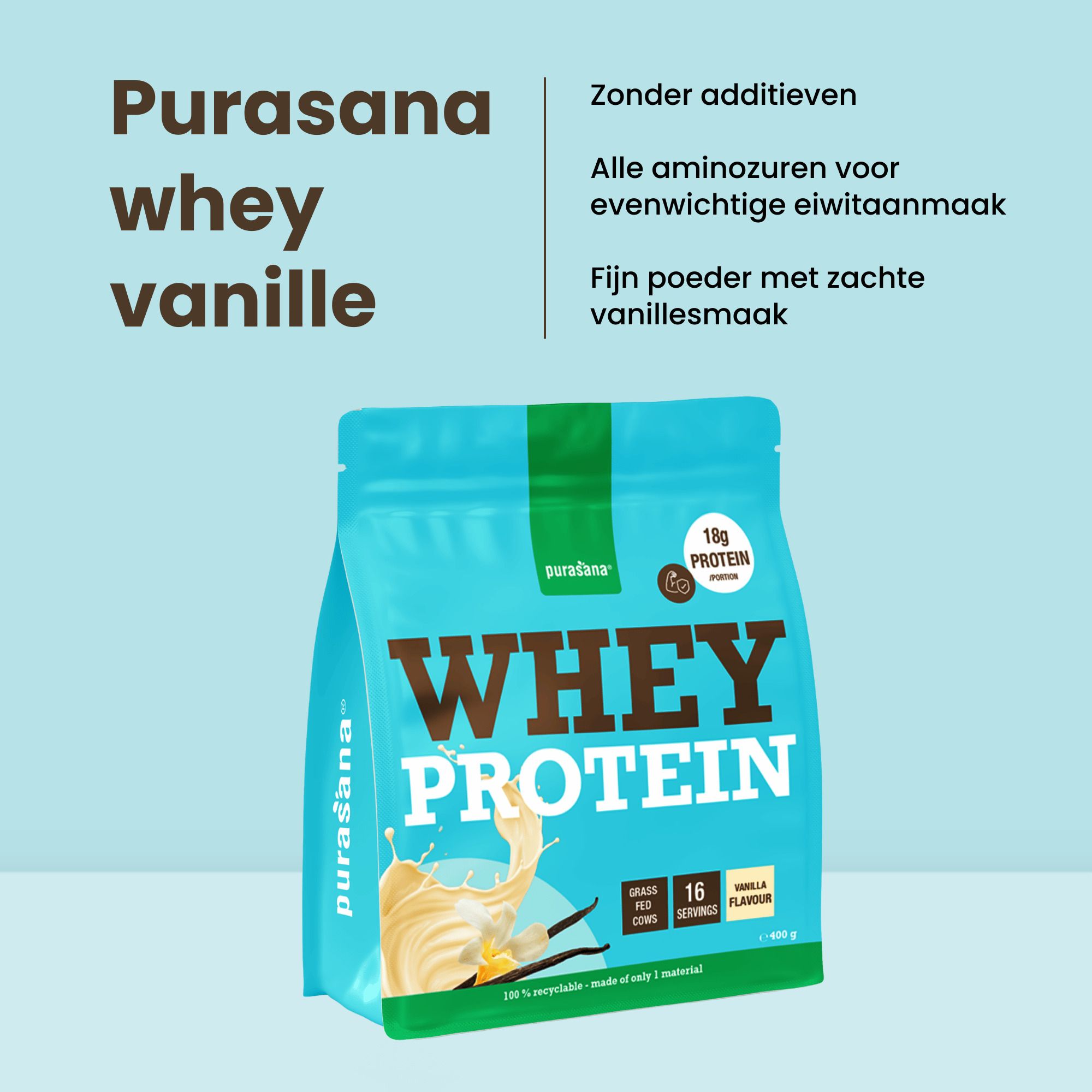 Purasana Whey Protein Vanille zak in lichtblauw met productvoordelen en aanwijzingen.