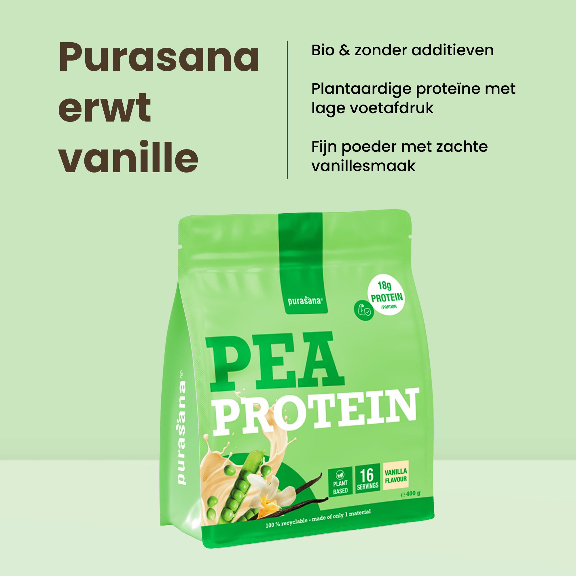Purasana Erwteneiwit Vanillesmaak zak. Biologisch, plantaardig, lage CO2-voetafdruk, fijn poeder.