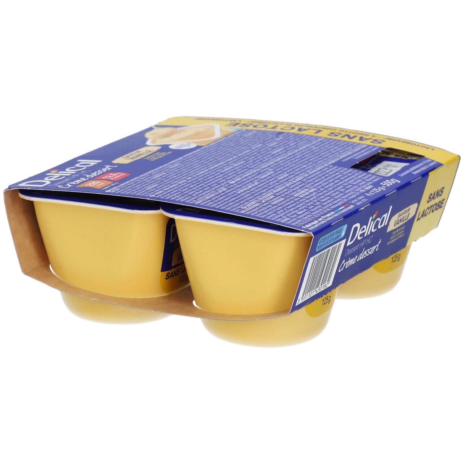 Pack de 4 pots de Delical Crème dessert sans lactose Vanille. Pots jaunes dans emballage carton.