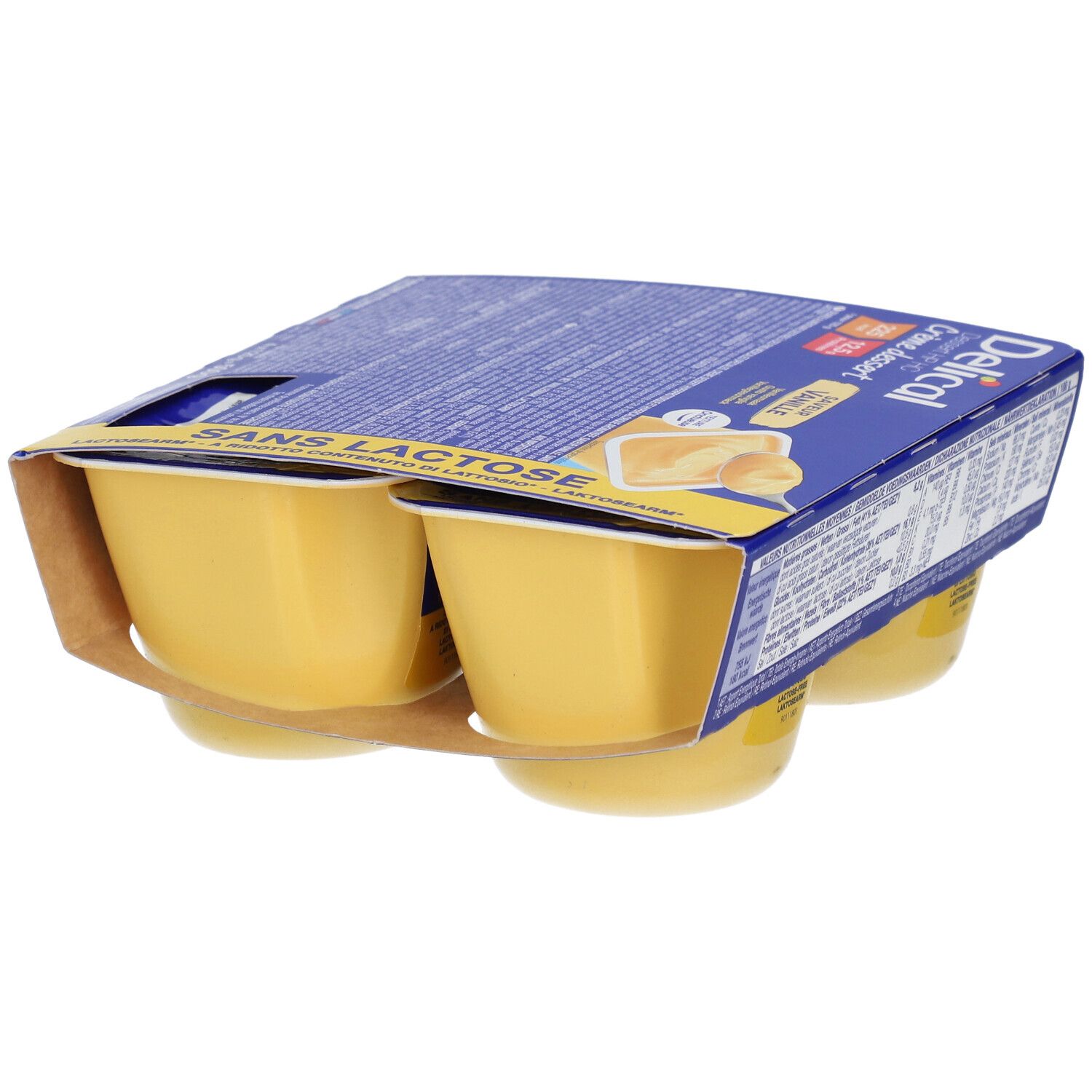 Pack de 4 pots de Delical Crème dessert sans lactose Vanille. Pots jaunes dans emballage carton.