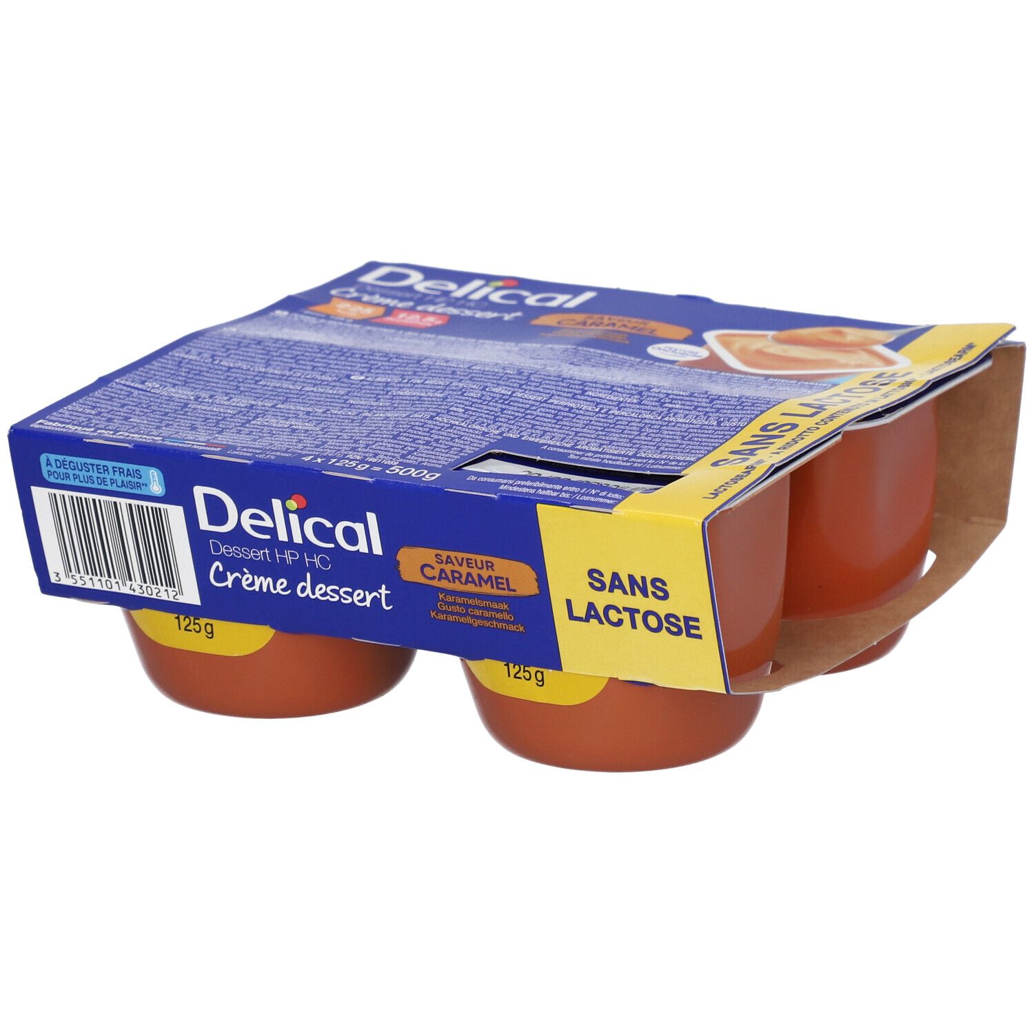 Pack de quatre crèmes dessert caramel sans lactose Delical. Pots bruns, emballage bleu et jaune.