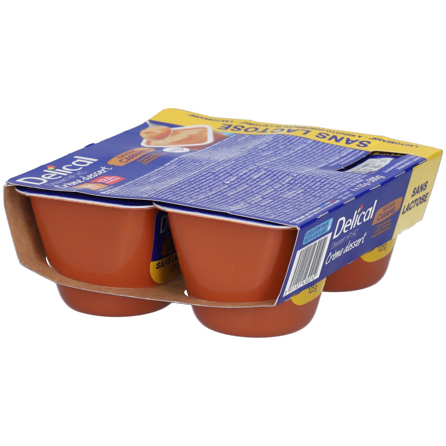 Pack de quatre crèmes dessert caramel sans lactose Delical. Pots bruns, emballage bleu et jaune.