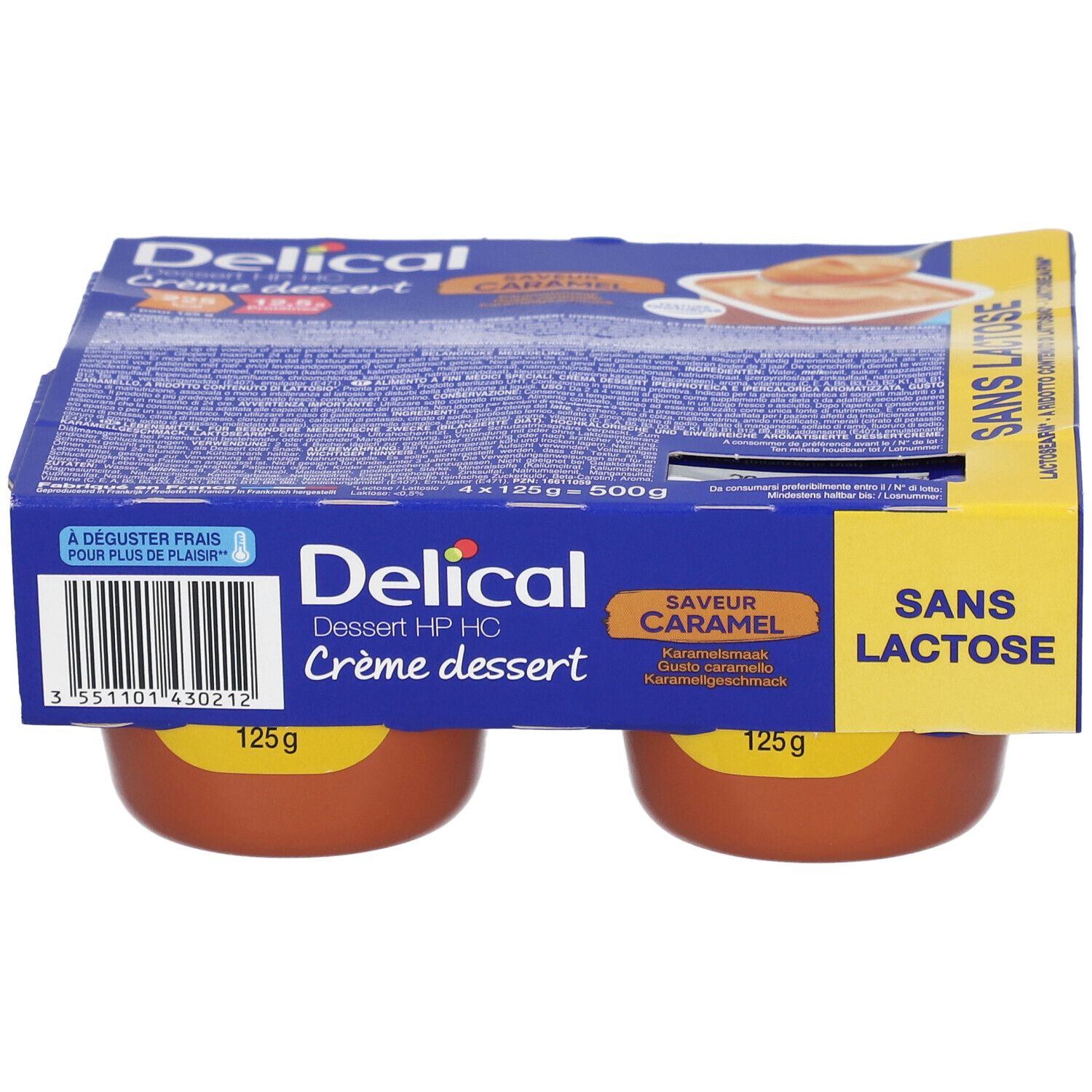 Pack de quatre crèmes dessert caramel sans lactose Delical. Pots bruns, emballage bleu et jaune.