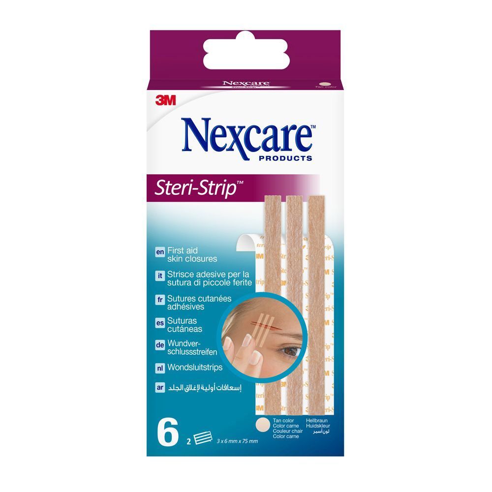 Nexcare Steri-Strip huidhechtstrips. Verpakking met 6 strips. Huidskleur. 6 mm x 75 mm. 3M-logo.