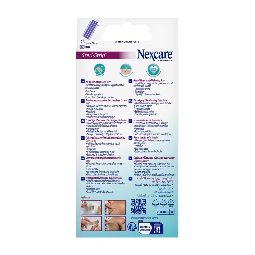 Achterkant van de Nexcare Steri-Strip verpakking. Informatie over huidhechtstrips. Gebruiksaanwijzing.