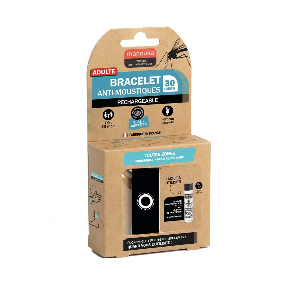 Bracelet anti-moustiques Manouka adulte, rechargeable, 30 jours de protection.