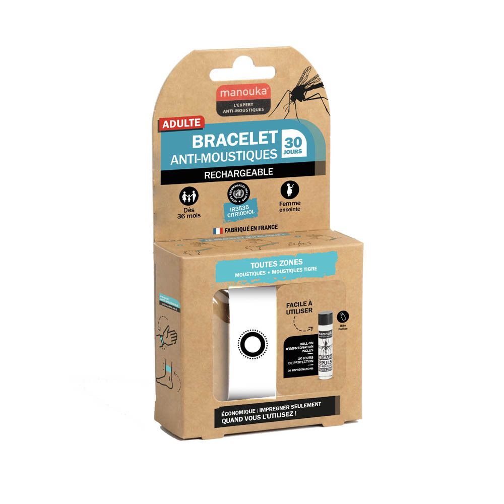 Manouka anti-muggen armband voor volwassenen, oplaadbaar, 30 dagen bescherming, in verpakking.