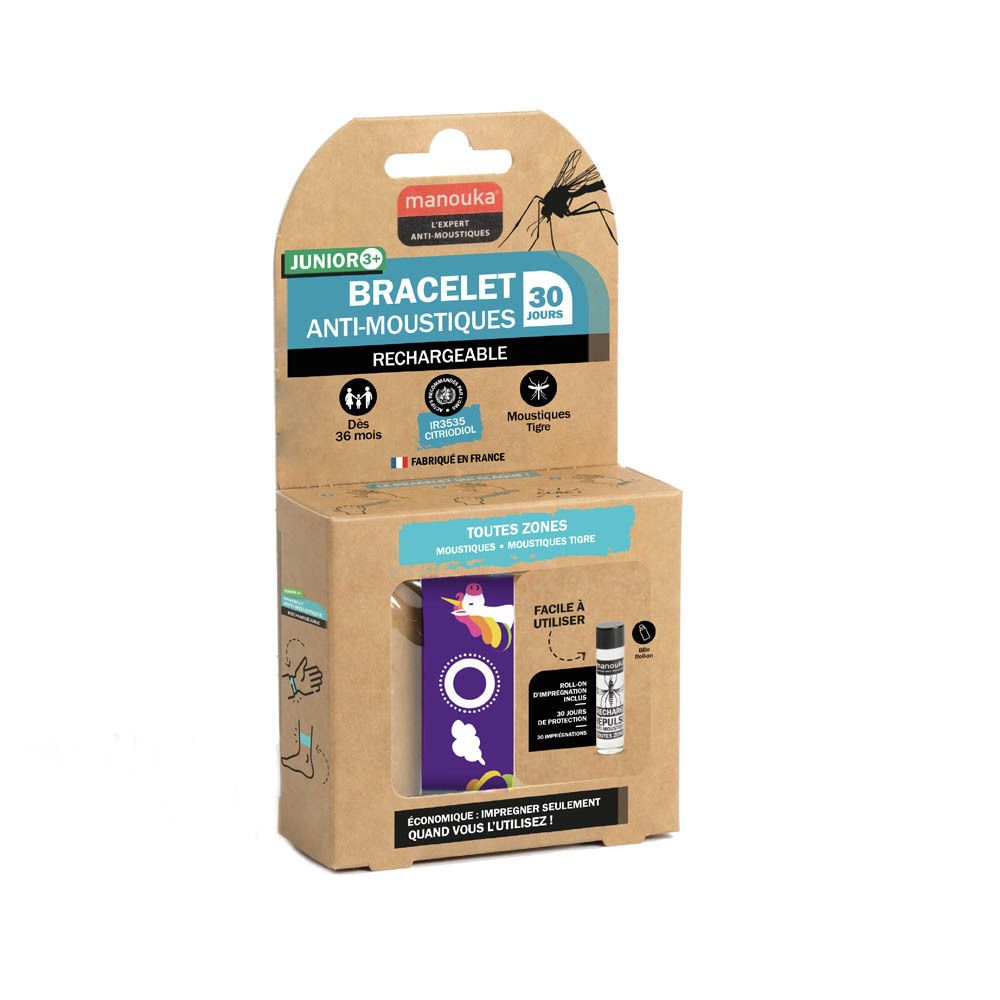 Manouka Junior armband met eenhoornmotief, oplaadbaar, in verpakking.