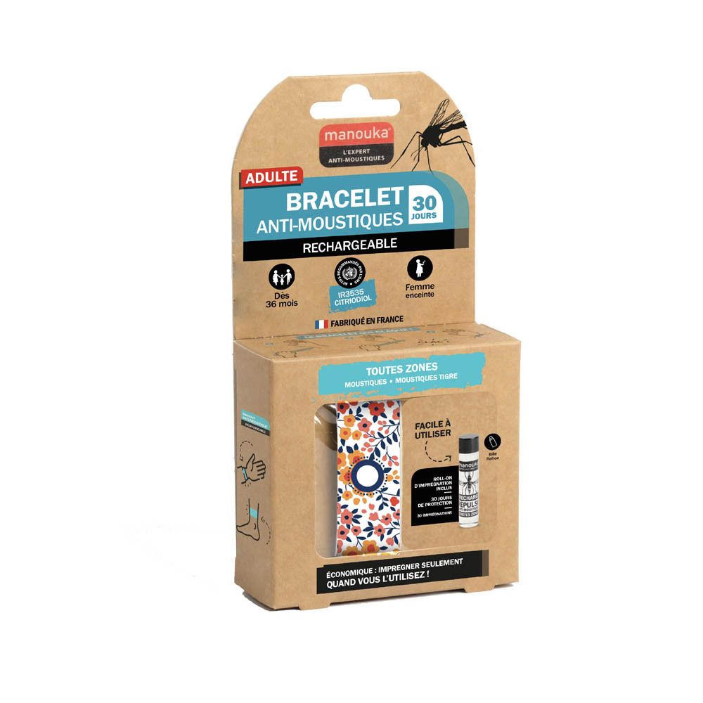 MANOUKA Anti-Moustiques Junior armband, oplaadbaar, met bloemenpatroon.