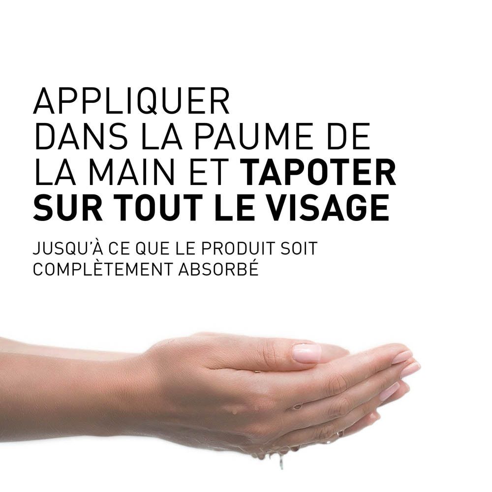 Mains avec produit. Texte: Appliquer dans la paume de la main et tapoter sur tout le visage.