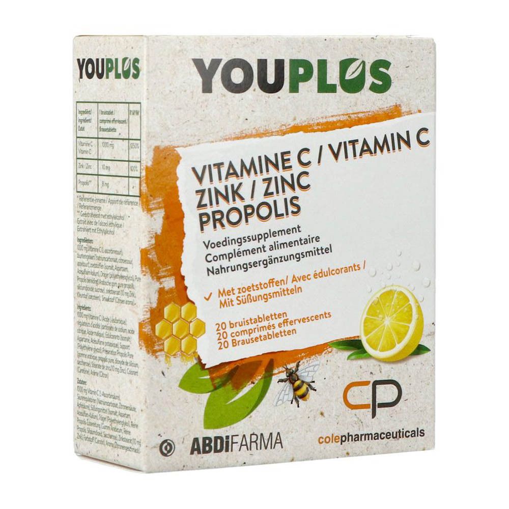 YOUPLUS-verpakking. Bevat vitamine C, zink en propolis. Ingrediënten en dosering aangegeven. Abdi Farma en Colepharmaceuticals.