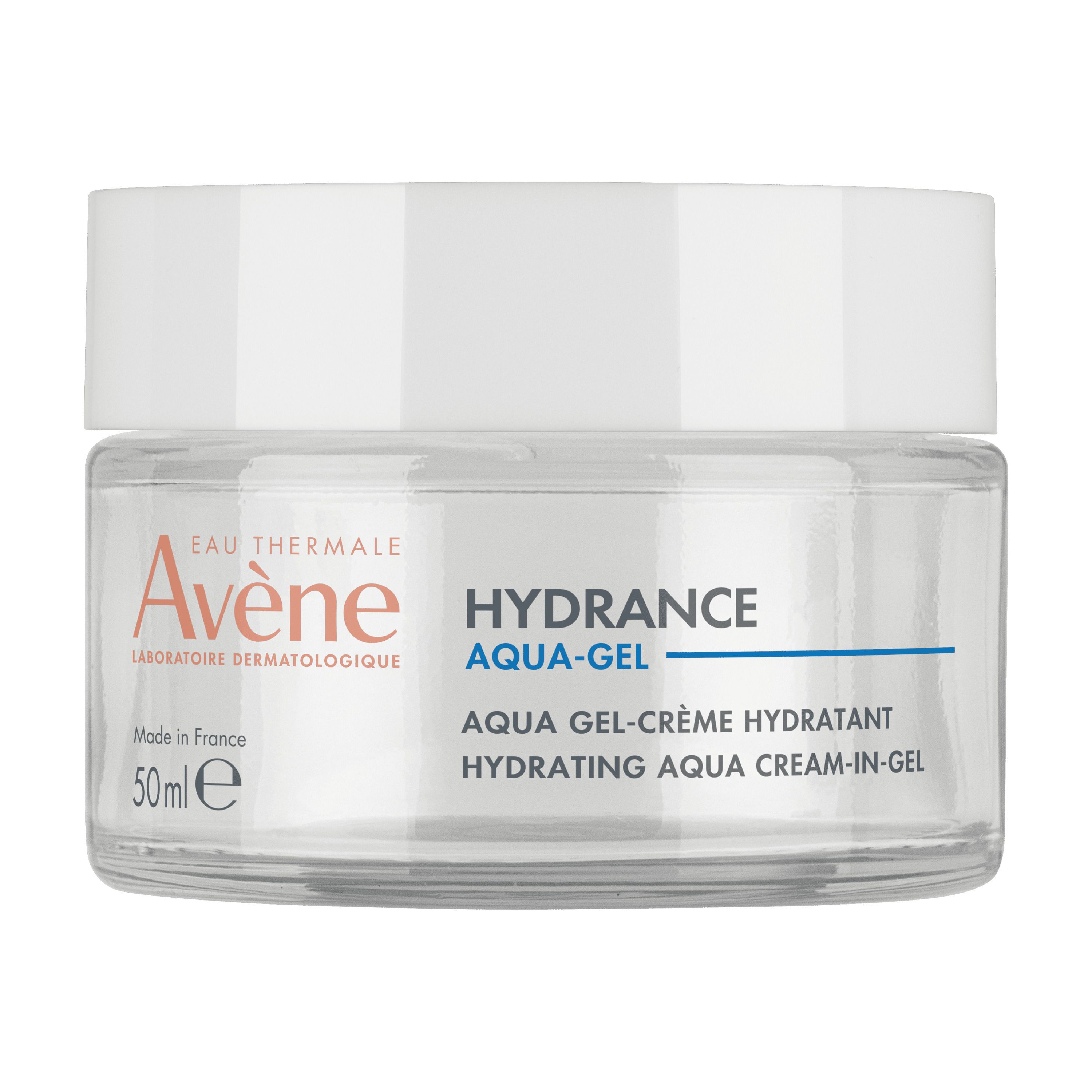 Crèmepot met witte deksel. Opschrift: Avène, Hydrance Aqua-Gel. 50ml, 1.6 fl.oz.